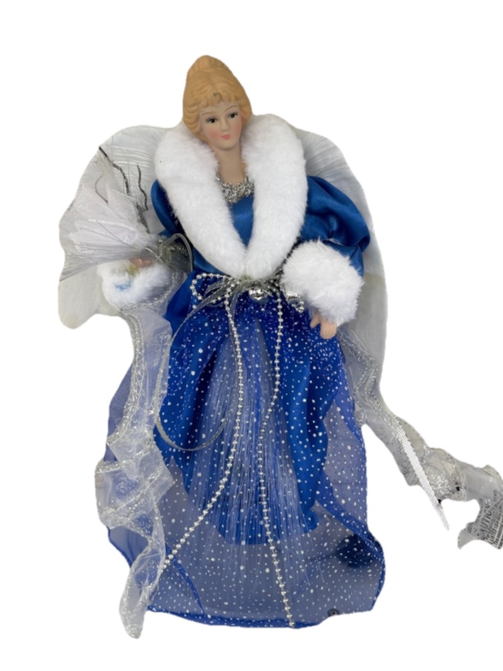 Fiber Optic Angel Porcelain Christmas Tree Topper White Blue Silver Dress 12”